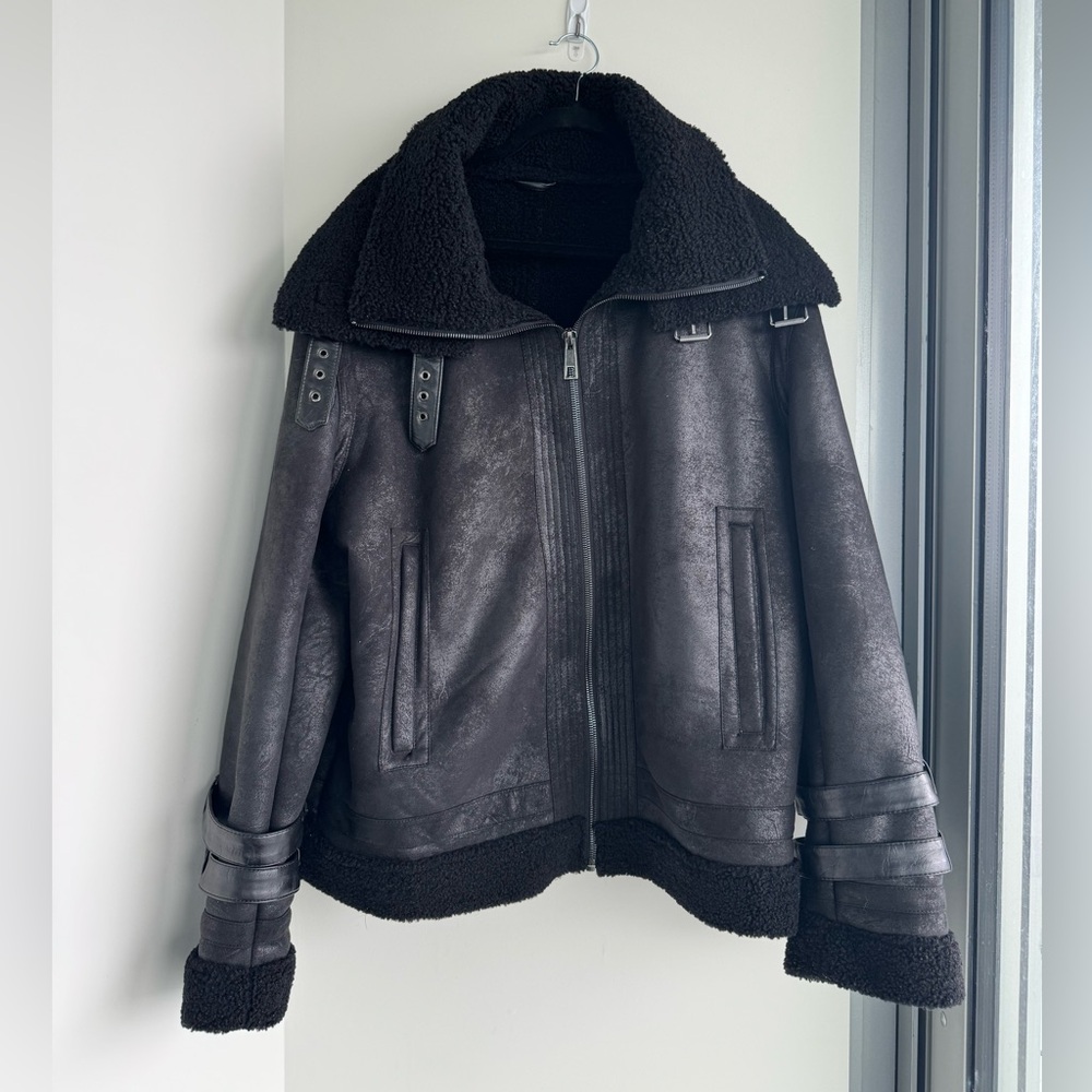 Black Faux Leather Aviator Jacket - Zara